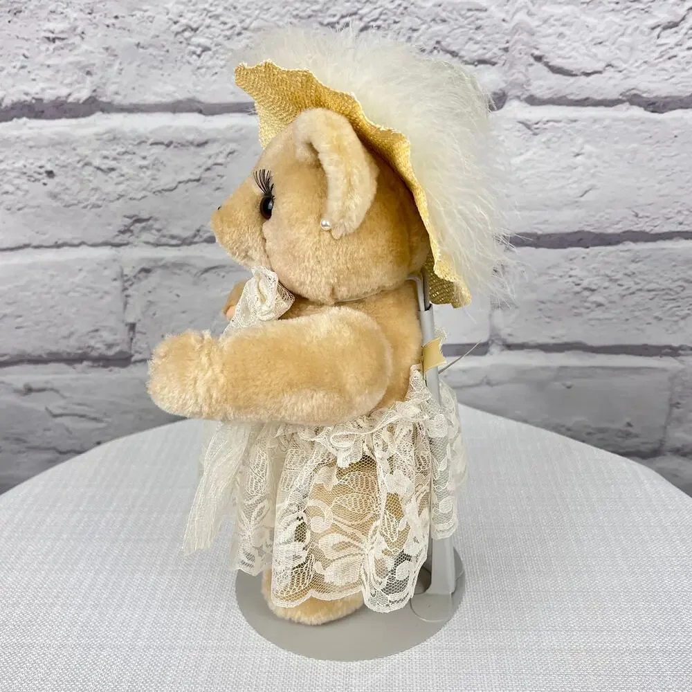 Country Cozy's Born to Shop Vintage 90s Jointed Bear Lace Dress Feather Hat 12